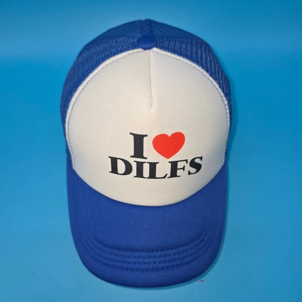 I Heart DILFS Trucker Hat Blue White Y2K Funny Graphic Snapback‎ Cap